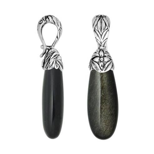 AP-8015-BO Sterling Silver Black Obsidian Pendant With Floral Balinese Detailing For Elegant Wholesale Collections for wholesale by Bali Designs