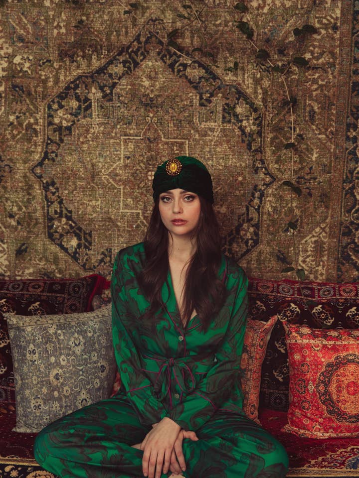 Kilo Brava - Wholesale Sleepwear Set - Women's - EMERALD SATIN LONG PJ SET