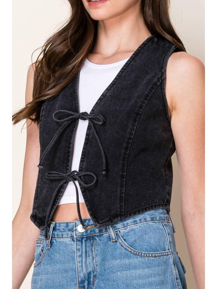 Faded Black Washed Denim Vest With Front Bow Ties for wholesale on Faire