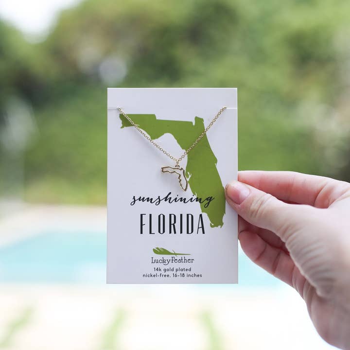 Lucky Feather - Wholesale Pendant/Charm Necklace - State Necklace - Gold - FLORIDA
