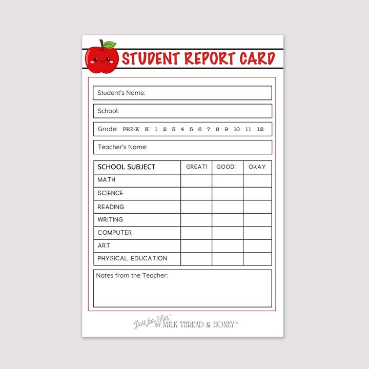 Pretend Play Teacher Report Card Notepad for wholesale by Milk Thread and Honey