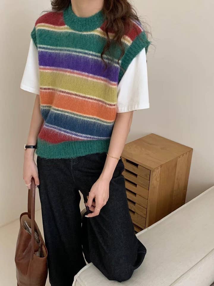 Marayn - Wholesale Cardigan - Women's - Retro Rainbow Stripe Knit Cardigan Cozy Chic12