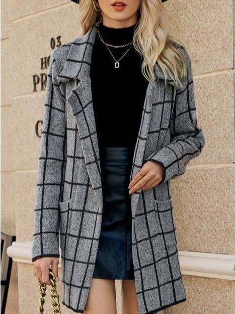 Rosa Clothing - Wholesale Trench Coat - Women's - Midi Contrast Houndstooth Suit-Collar Trench Coat8