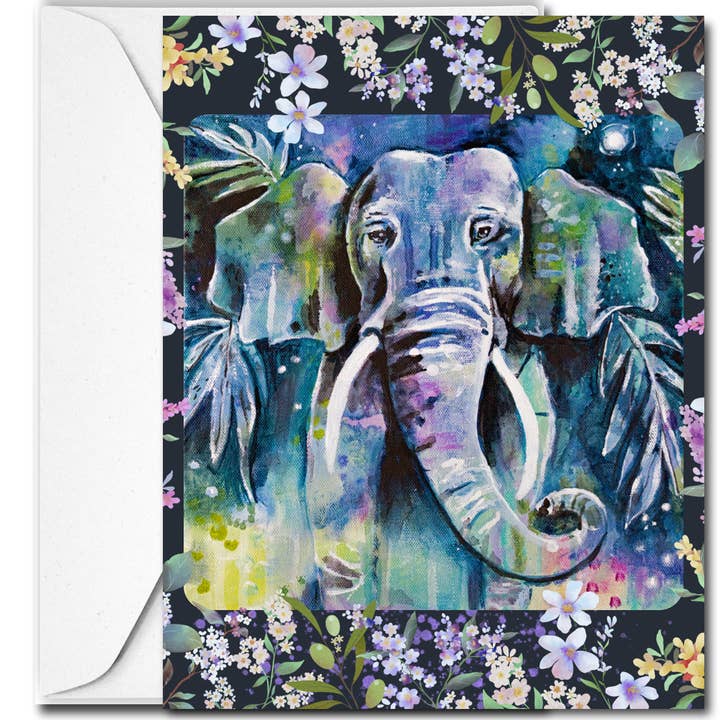 Blank card "Elephant Garden" travel, animals for wholesale by Alysse Hennessey Art