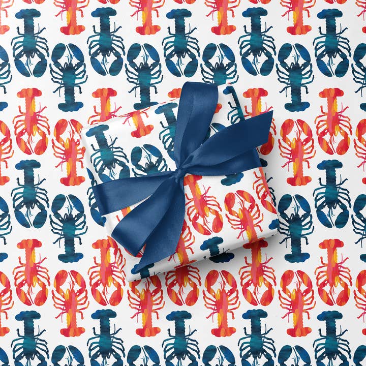 Gert & Co - Wholesale Wrapping Paper Roll - Red and Blue Lobsters Gift Wrap | Nautical Lobster Gift Wrap