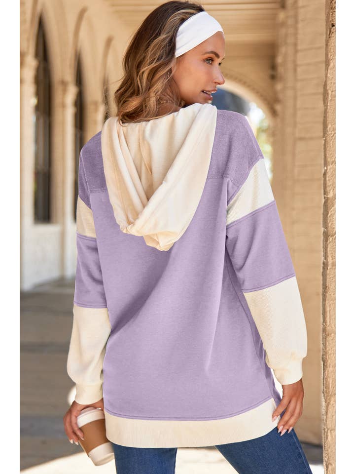 PRETTY BASH - Wholesale Hoodie - Women's - Waffle Knit Colorblock Patchwork Buttoned Hoodie1