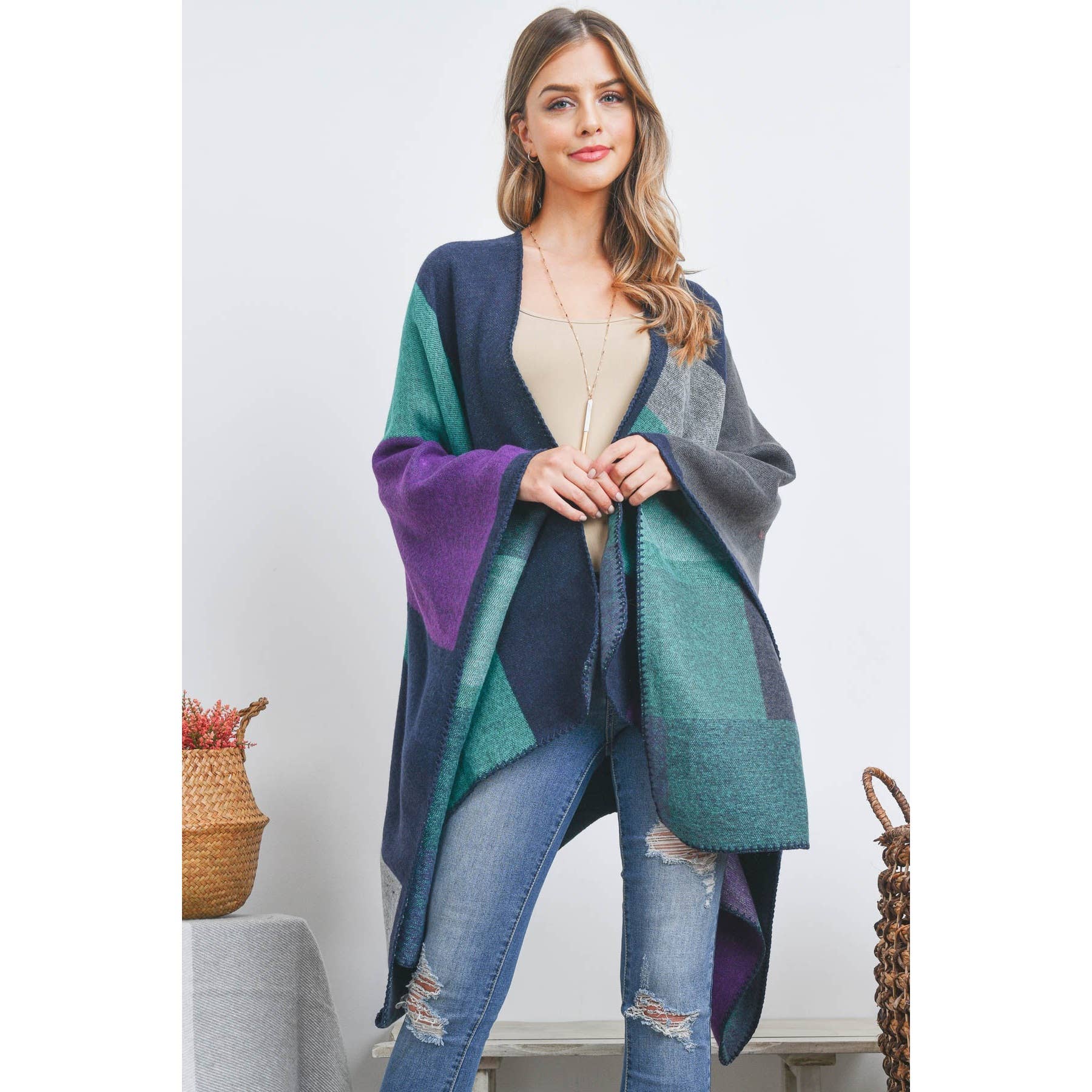 Love and Repeat - Vente Poncho – femme - Poncho cache-cœur rectangulaire géométrique Ruana9