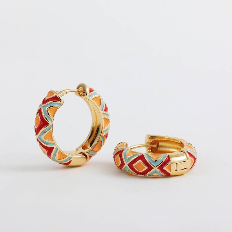JOSSLYN by wall to wall - Wholesale Hoop Earrings - VINTAGE CLOISONNE AZTEC HUGGIE HOOP EARRINGS | 40E4293
