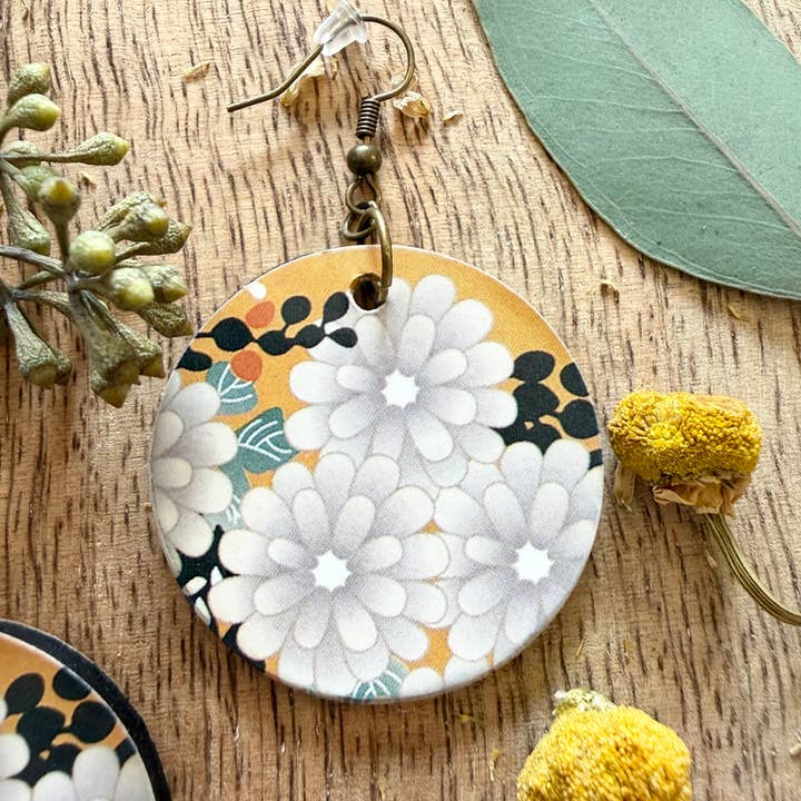 Wood Disc Drop Earrings – Burnt Orange & Grey Floral for wholesale by Pin Up Cosmetics
