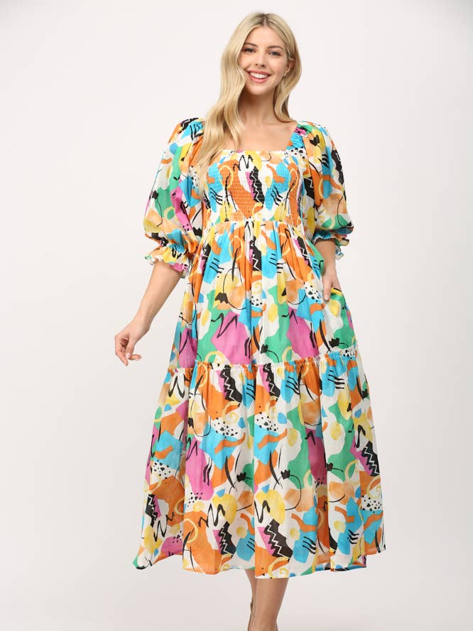 VESTIDO MIDI ABSTRACTO CON CORPIÑO FRUNCIDO EN VOILE DE ALGODÓN FD30326 para venta al por mayor de FATE