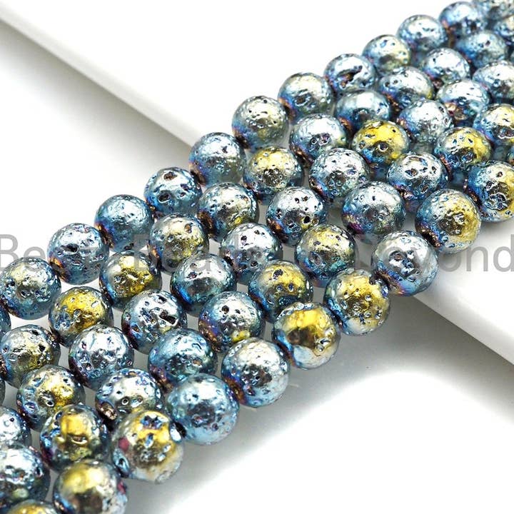 NUOVO COLORE!! Perline rotonde in lava placcate, perline in oro verde da 8 mm/10 mm, perline in pietra lavica, filo completo da 15,5 «, sku #U874 per la vendita all'ingrosso da parte di BestBeads&Beyond