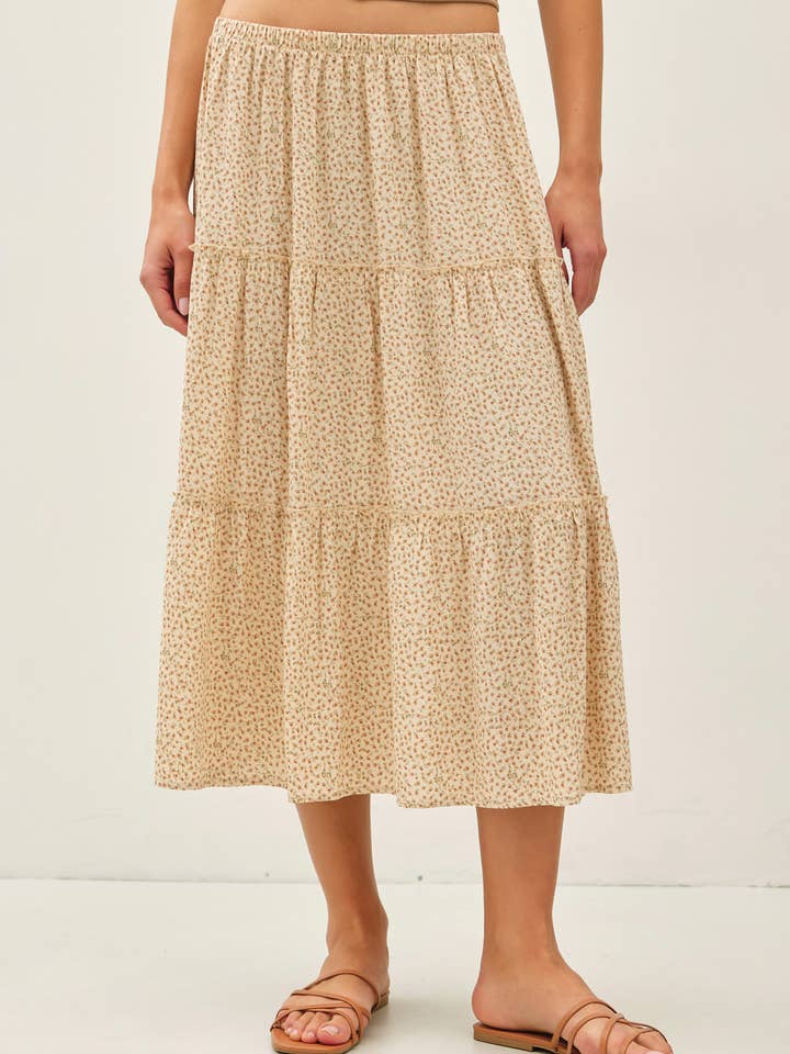TIERED FLORAL PRINT MIDI SKIRT W ELASTIC WAIST for wholesale by Be Cool