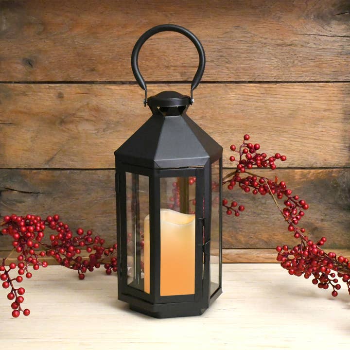 LumaBase - Wholesale Lantern - Metal Lantern with Battery-Operated Candle - Black Hexagon