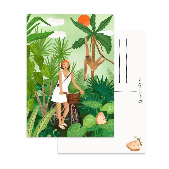 Vykort - illustration kvinna cykel i djungeln för wholesale av Muchable
