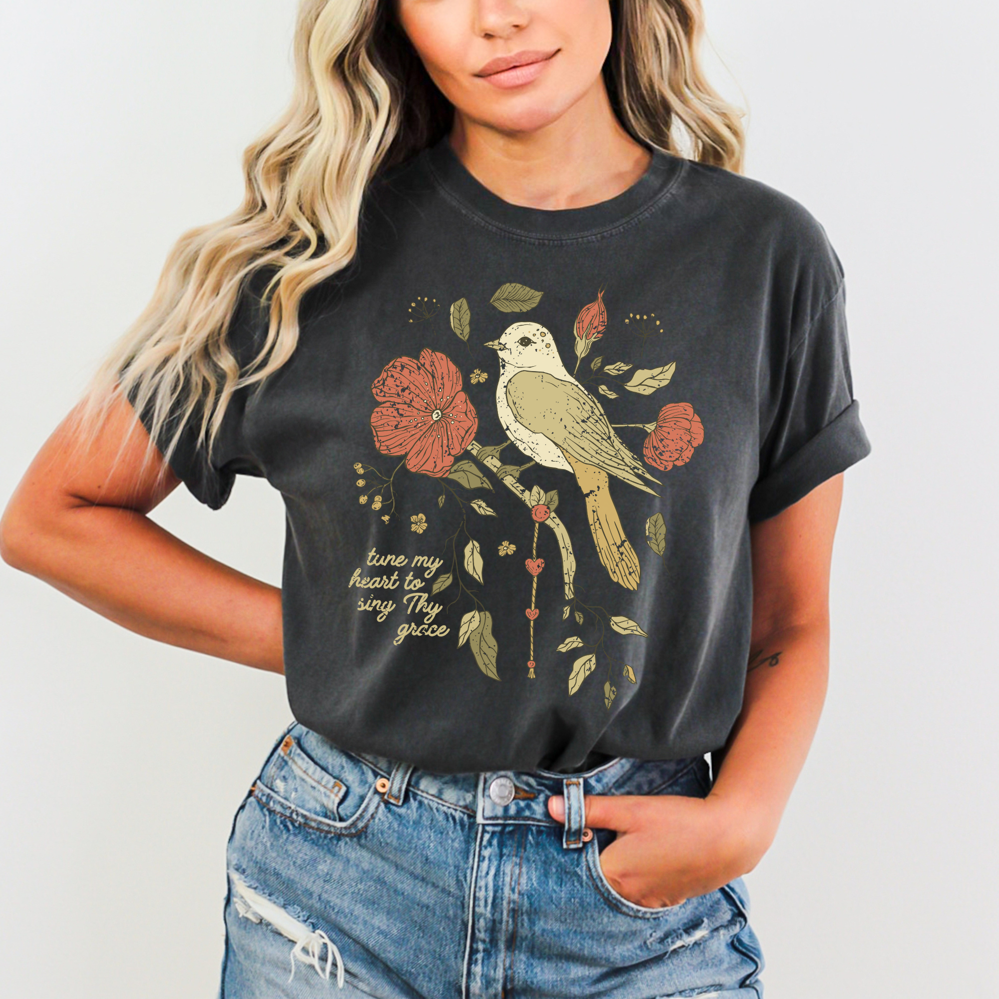 Scripted Pearl - Wholesale T-Shirt (Graphic) - Women's - Tune My Heart with Bird Comfort Colors Christian Graphic Tee13