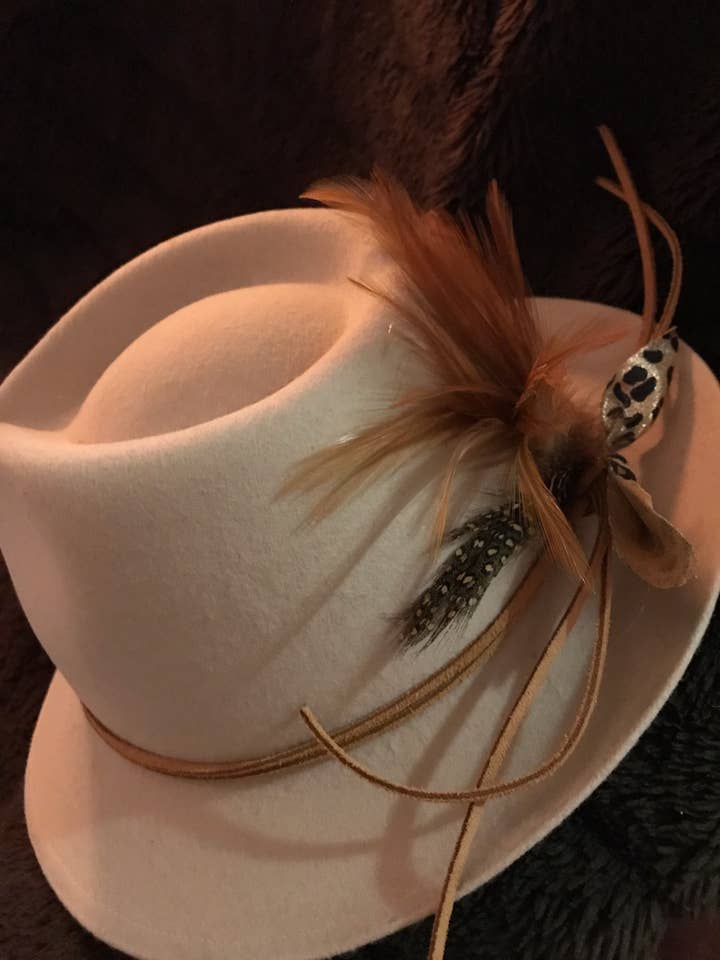 Light Beige Fedora Hat w/Leather Hatband & Fabulous Feathers for wholesale by Wild Horse Clothier