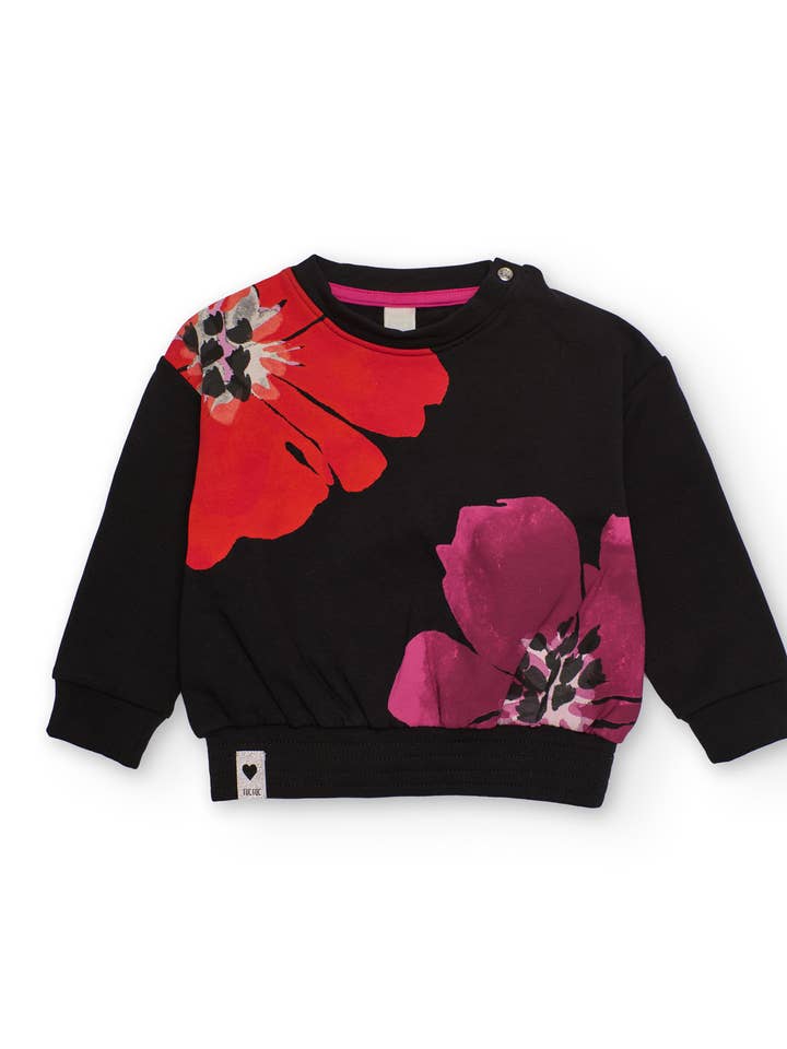 Sweat-shirt pour fille en noir avec imprimé floral rouge et fuchsia pour la vente par tuc tuc