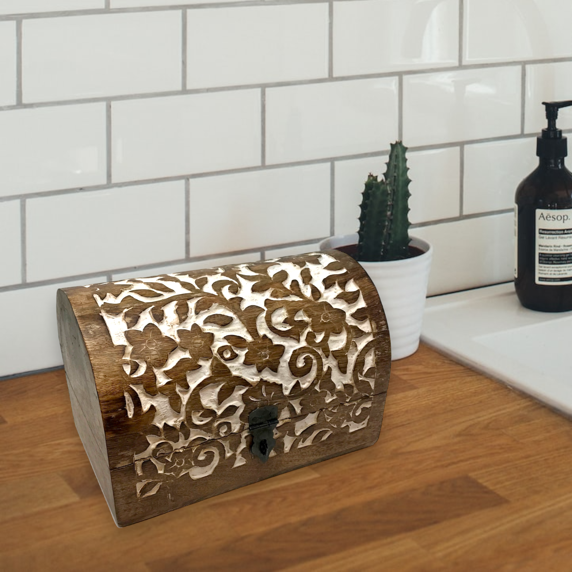 Wilco Home - Wholesale Decorative Box - Spring Carved Wood  "Flower Garden" Hinged Box Table Chest4