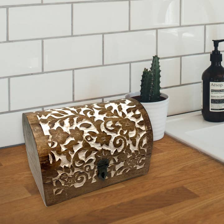 Wilco Home - Wholesale Decorative Box - Spring Carved Wood "Flower Garden" Hinged Box Table Chest4