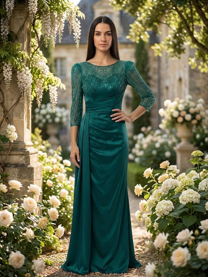 Vestido largo con perlas y mangas Verde pato para venta al por mayor de Les Voiliers