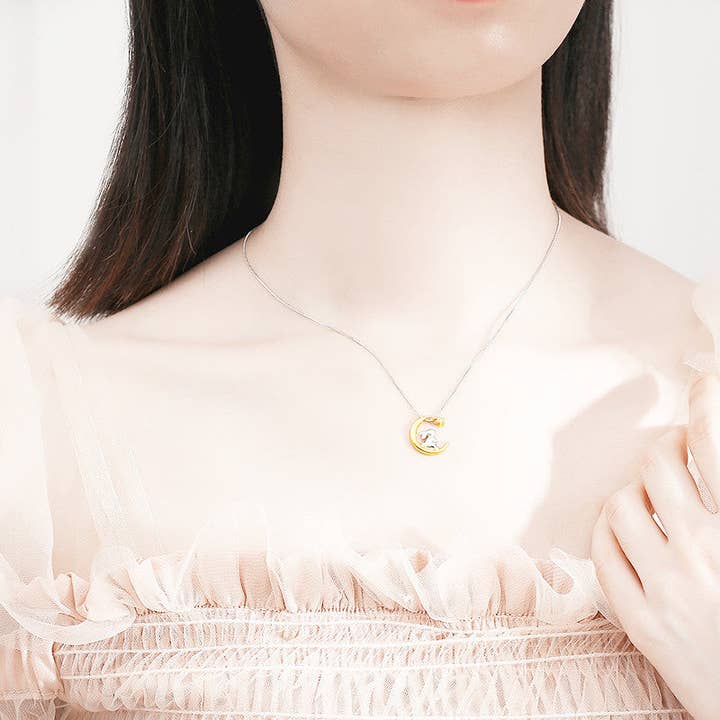 Perimade & Co. LLC - Wholesale Pendant/Charm Necklace - Gold Moon Star Bunny Rabbit Necklace in 925 Sterling Silver