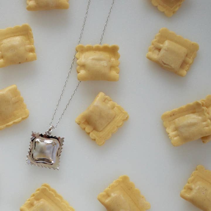 Delicacies Jewelry - Wholesale Pendant/Charm Necklace - Ravioli Pasta Necklace, Yellow Gold Plated, By Delicacies Jewelry - Every Purchase Fights Hunger! (Foodie Gift, Pasta Jewelry)