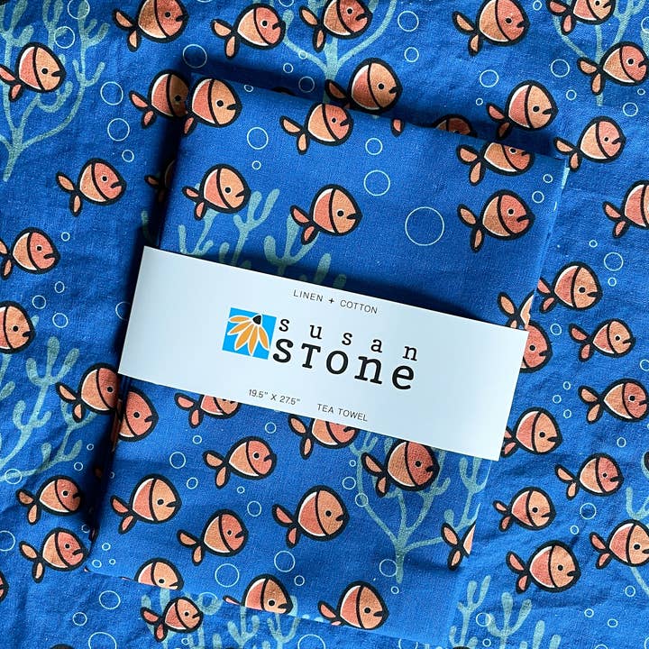 Linen + Cotton Tea Towel with Gold Fish for wholesale by Susan Stone Design