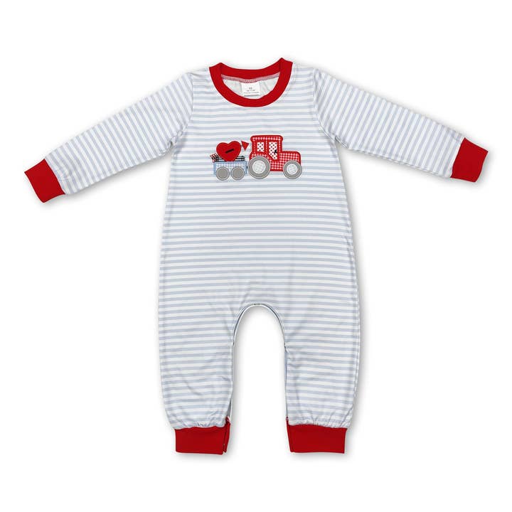Yawoo Garments - Wholesale Jumpsuit - Baby - Grey stripe heart truck baby boy valentine's romper