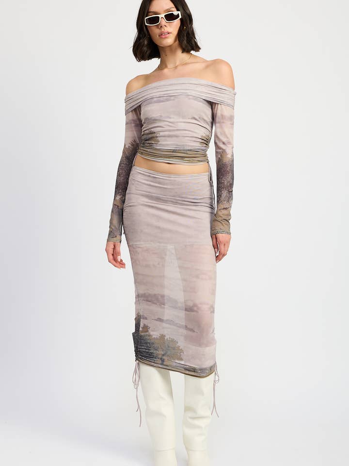 RUCHED MIDI SKIRT WITH DRAWSTRINGS for wholesale by Emory Park