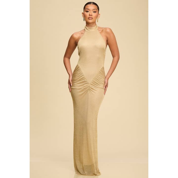 Abito lungo all'americana in maglia metallizzata per la vendita all'ingrosso da parte di Luxxel