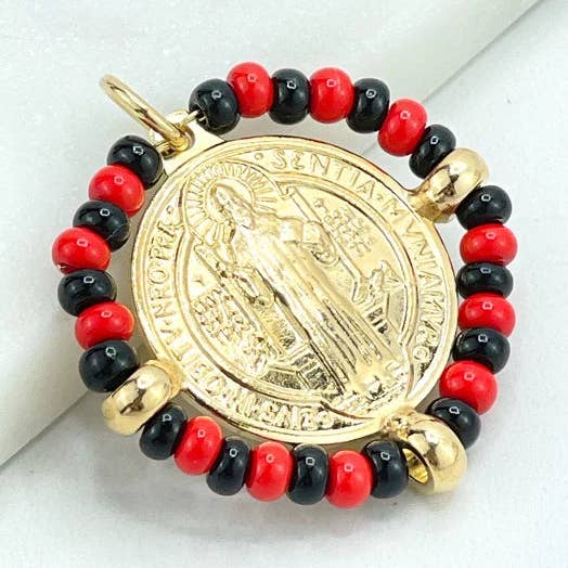 18 k guldfyldt San Benito 2-sidet vedhængscharme, vendbar St. Benedictus-mønt, medalje, medalje med Azabache, engros for engroshandel hos Luxus Accessories