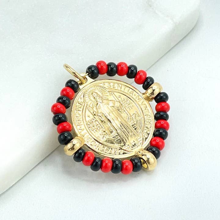 18k Gold Filled San Benito 2 Sided Pendant Charms, Reversible St. Benedictus Coin, Medal, Medallion with Azabache, Wholesale for wholesale by Luxus Accessories
