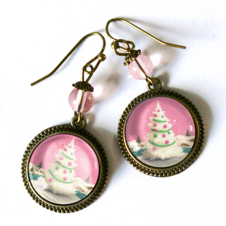 The Divine Iguana - Wholesale Dangle Earrings - Pink Christmas Tree Earrings 1