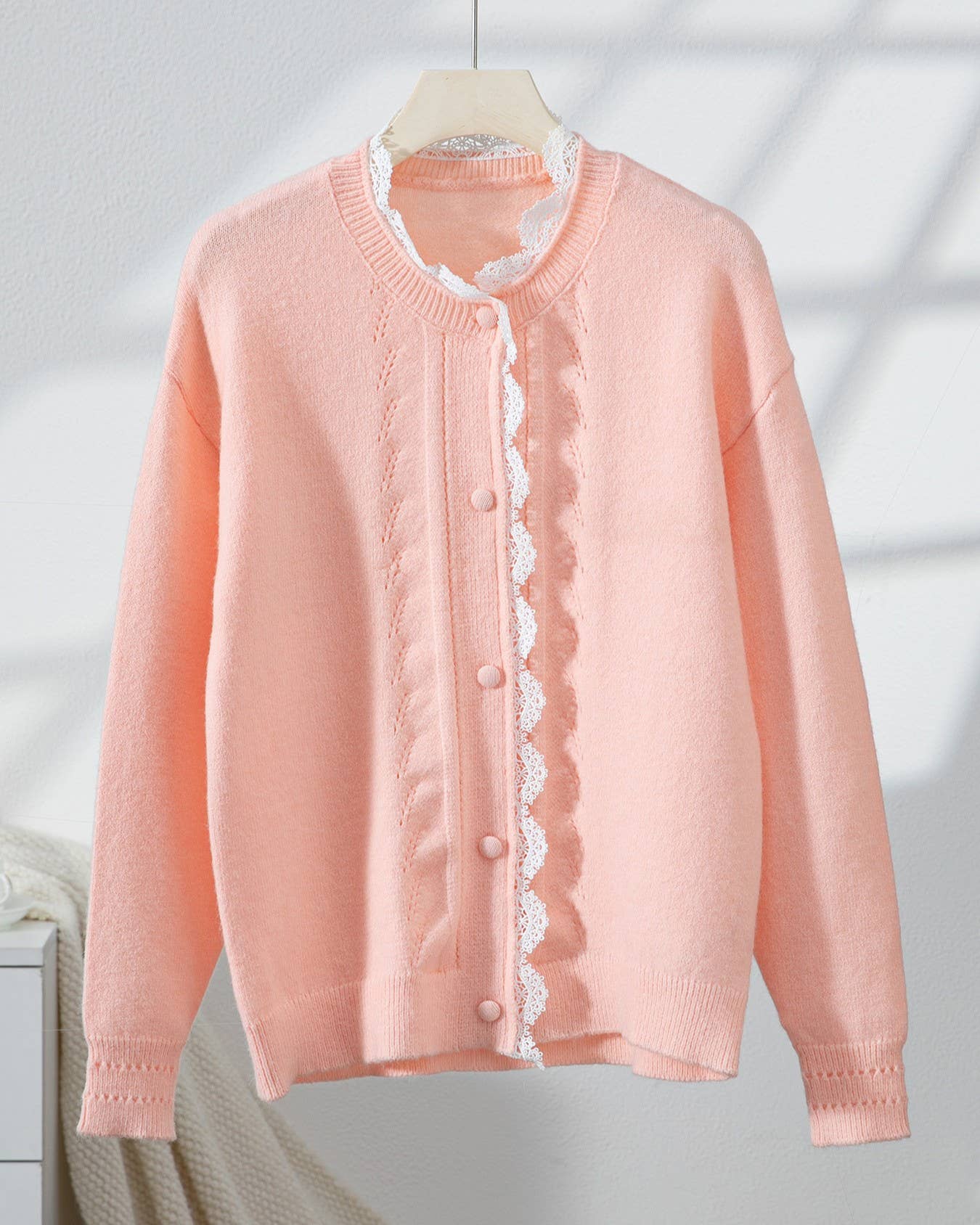 Casual Lace Trim Pink Cardigan Knit Button Sweater for wholesale on Faire