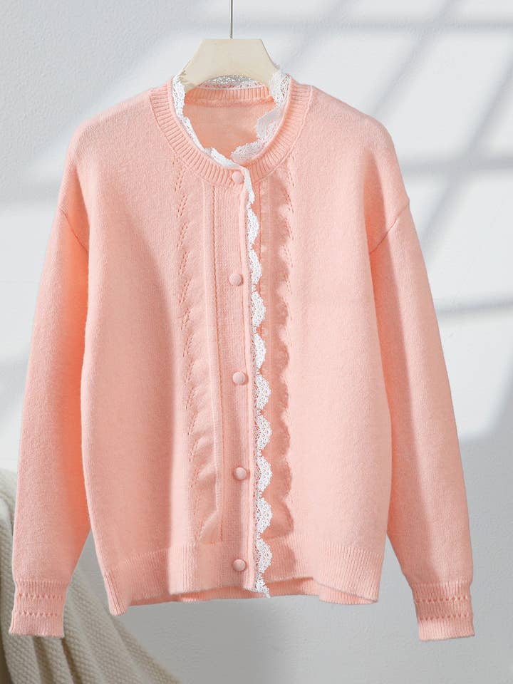 Casual Lace Trim Pink Cardigan Knit Button Sweater for wholesale on Faire0
