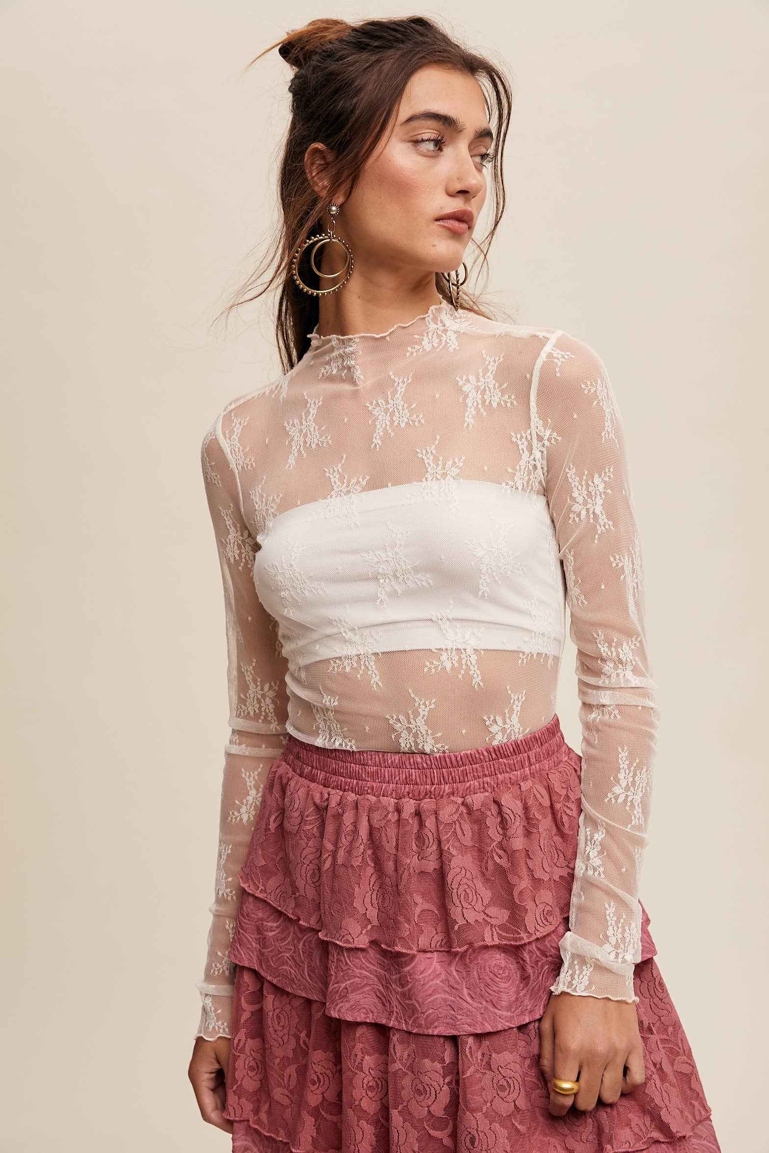 Listicle - Wholesale Blouse - Women's - Sheer Lace Long-Sleeve Top63