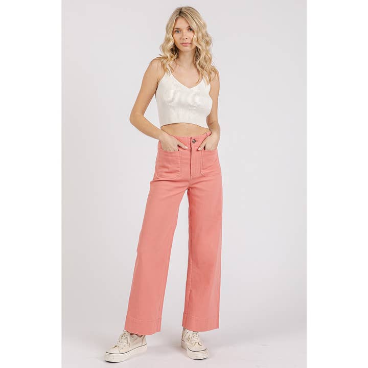 mittoshop - Wholesale Pants - Women's - TWILL PATCH POCKET HIGH RISE WIDE LEG PANTS