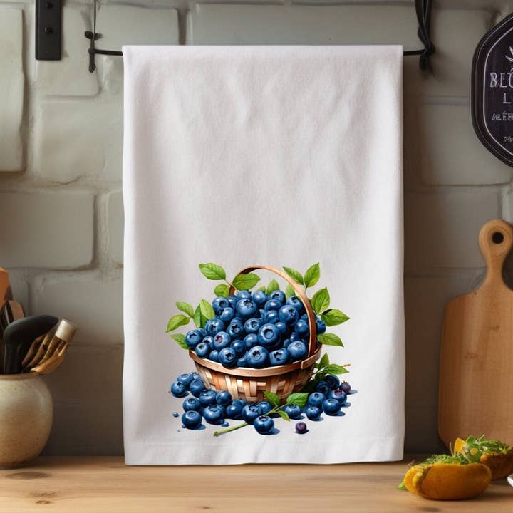 Rustic Blueberry Polyester Kitchen Towel with Berry Design for wholesale by Fernville Creations