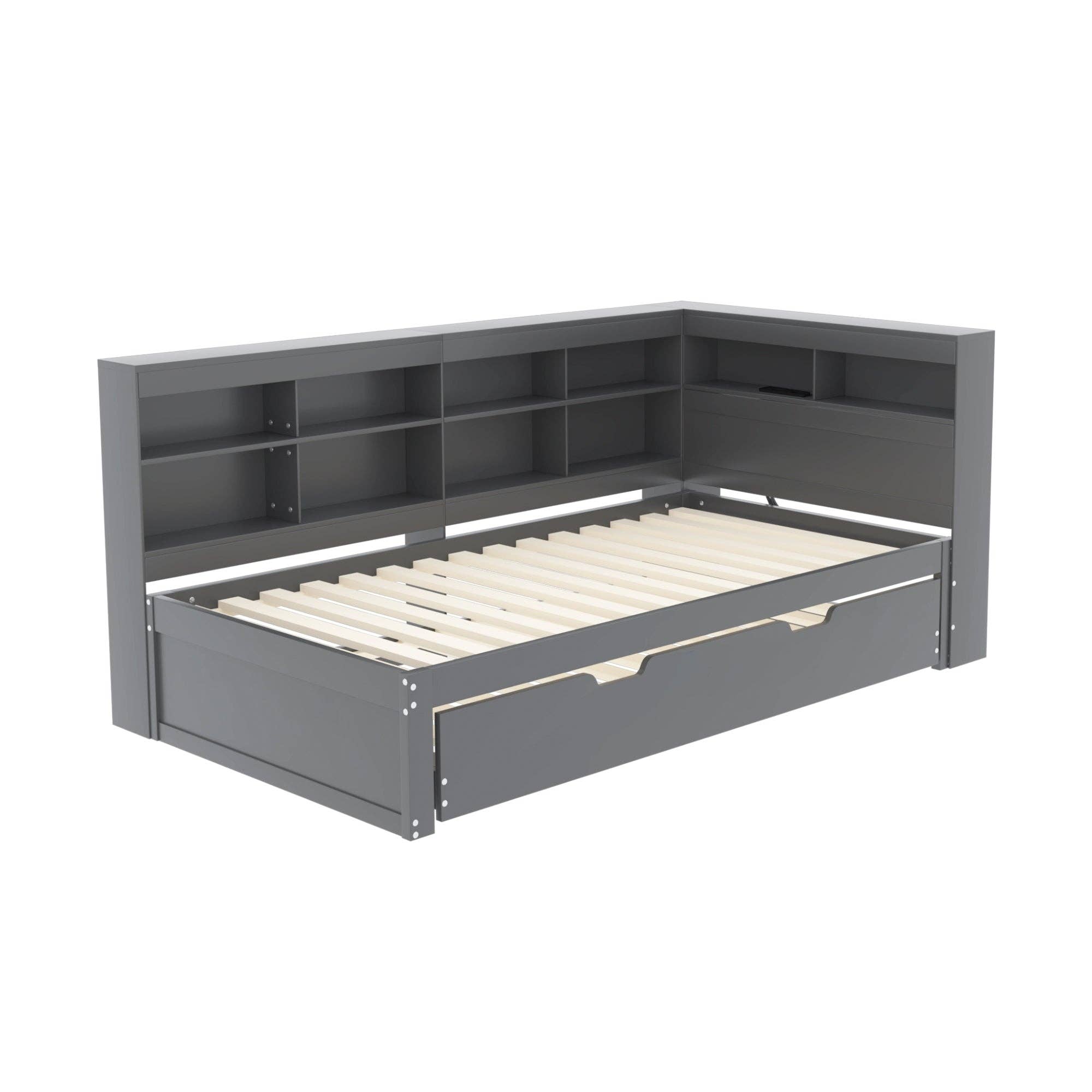 Urban Meuble - Wholesale Bed - Solid wood trundle bed gray 90*200 with USB port and multiple storage GIRCAET7