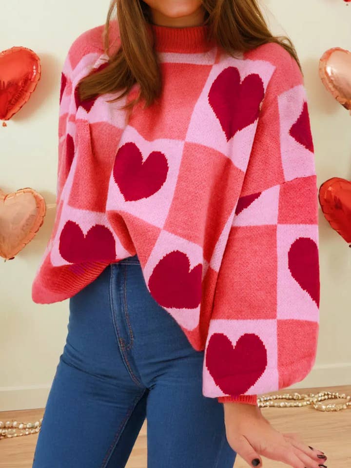 Plus Size Love Heart Block Lantern Sleeve Valentine Sweater for wholesale by fashionworks