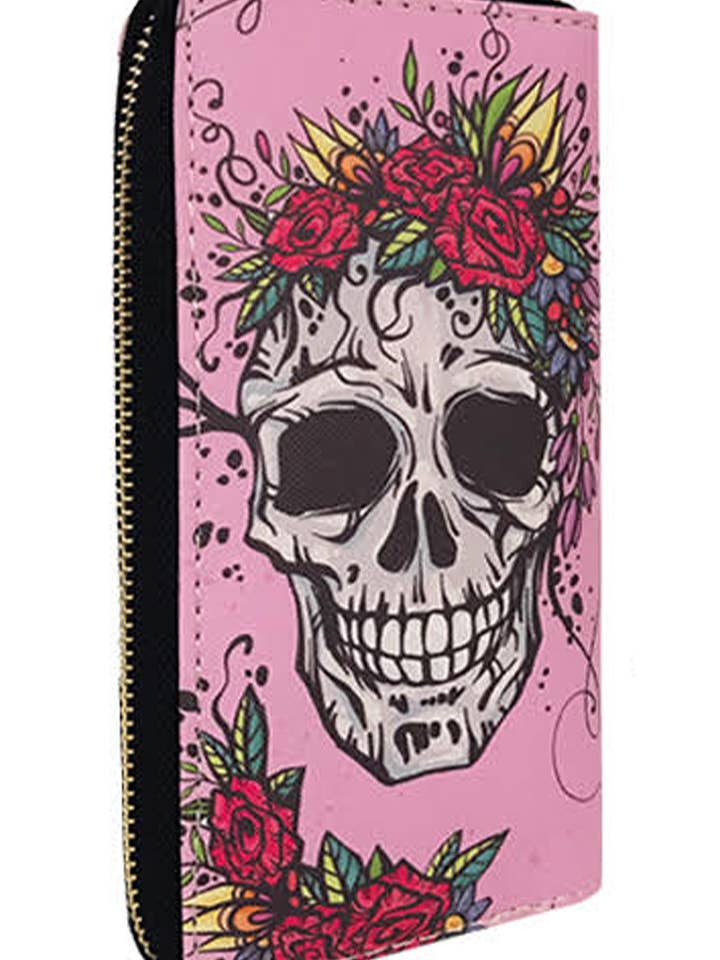 Sugar Skull PU Leather Single Zip Continental Wallet for wholesale by Cap Zone
