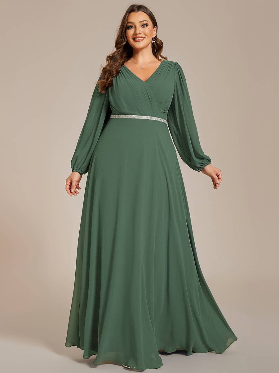 Ever-Pretty - Wholesale Gown - Women's - Elegant waisted chiffon V-neck Long Sleeve guest Dress50
