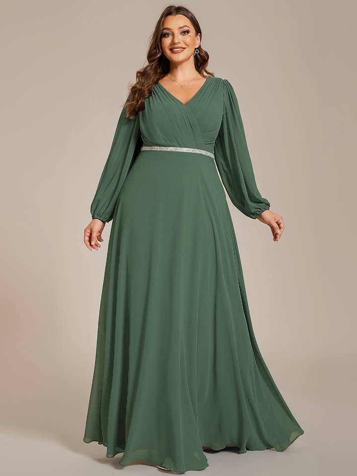 Ever-Pretty - Wholesale Gown - Women's - Elegant waisted chiffon V-neck Long Sleeve guest Dress50