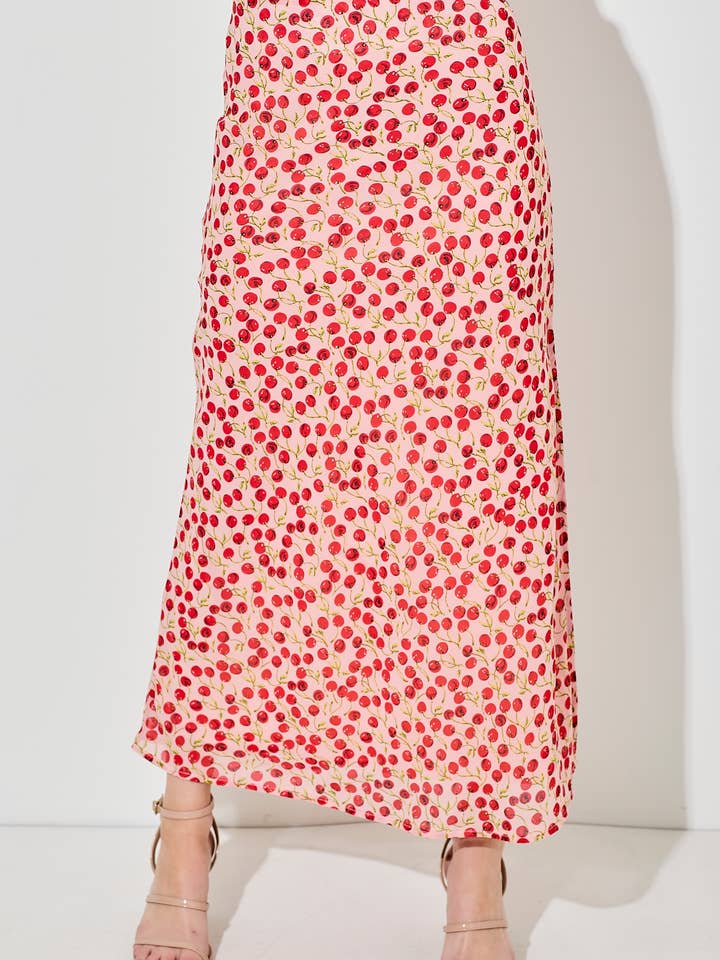 FALDA LARGA ESTAMPADA DE CEREZAS para venta al por mayor de Baevely by Wellmade USA