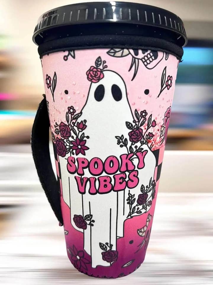 20 OZ Spooky Vibes Retro Ghost Insulated Cup Cover Sip Sleeve Fits 20-32 OZ Cups for wholesale by Sip Sleeves ~ Insulated Cup Sleeves and Drink Accessories