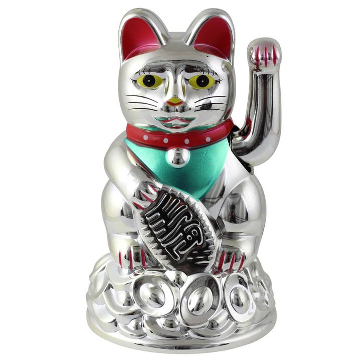 Gatto fortunato Maneki-neko, gatto che saluta, 11 cm, argento per la vendita all'ingrosso da parte di Tribal Trade GmbH