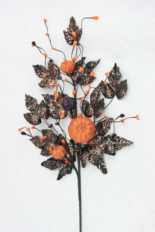 KMI International Corp. - Vendita all'ingrosso Fiori finti - Spray arancione e nero con zucca glitterata viola e arancione0