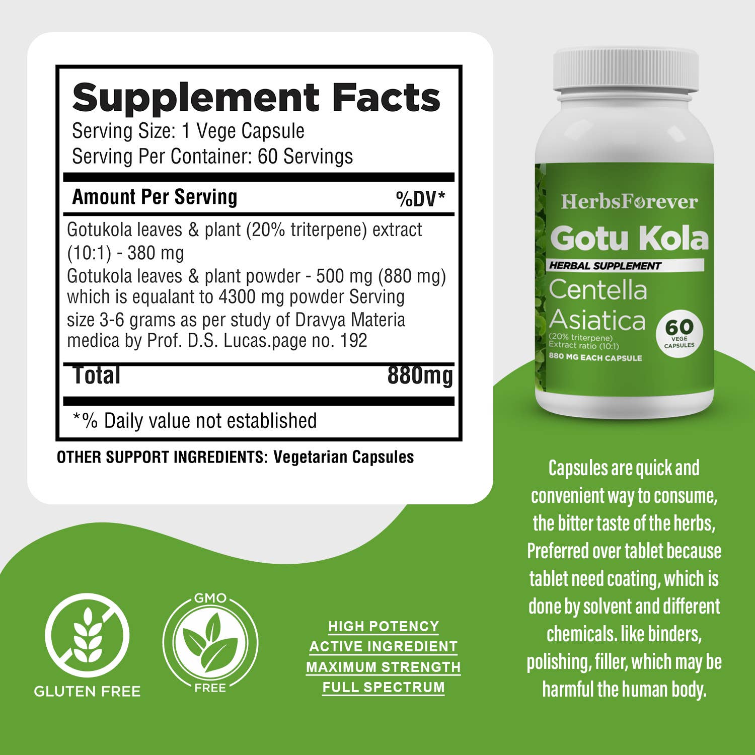 HerbsForever - Wholesale Oral Supplement/Vitamin - Gotu Kola Centella 20% Triterpene 10:1 Extract 60 Caps 880mg2