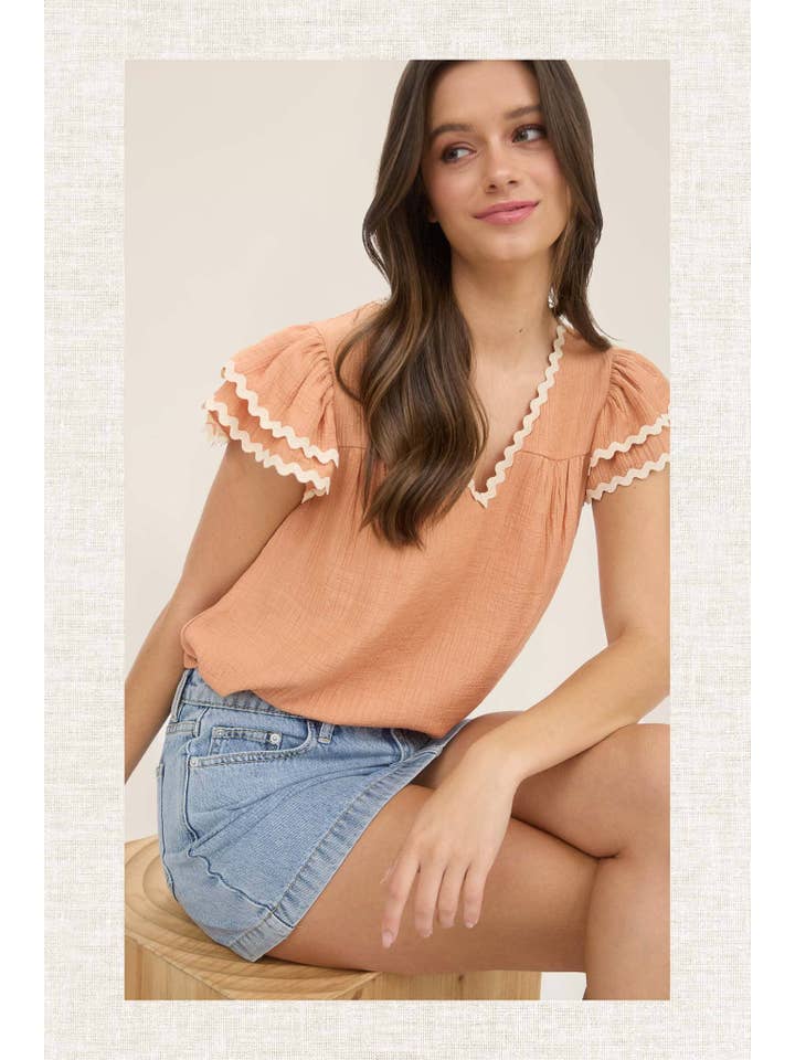 MINE - Wholesale Blouse - Women's - V NECK WAVY TRIM RUFFLE SLEEVE TOP5