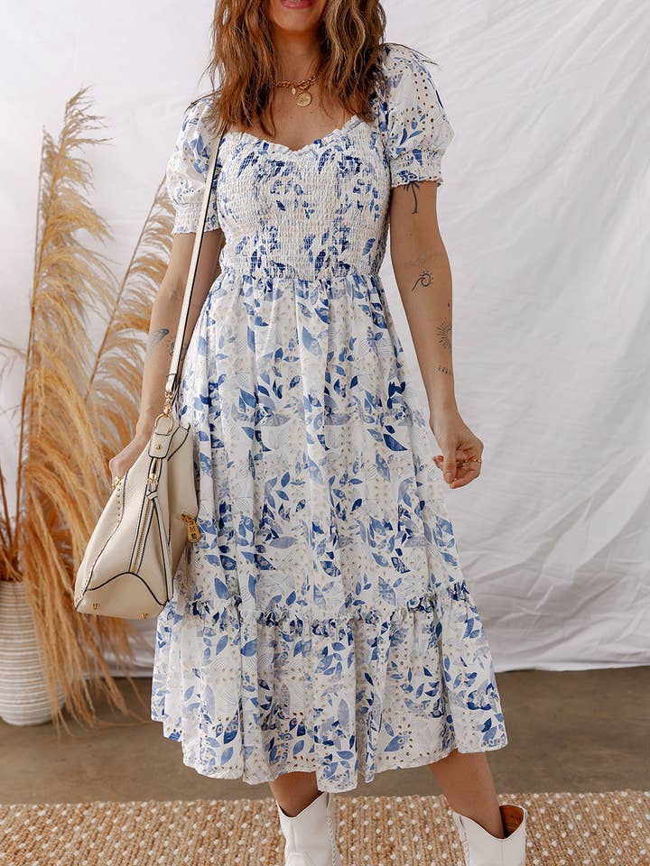 Sky Blue Smocked Bodice Short Puff Sleeve Tiered Floral Midi Dress for wholesale by Lovesoft